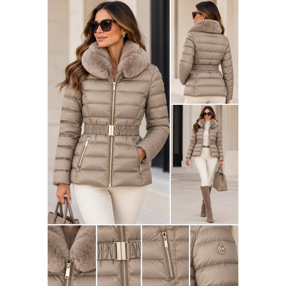 Michael Kors Puffer Jacket Womens XS Taupe Excellent Belted Faux Fur Collar